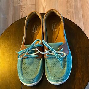 Clarks Teal and Brown Perforated Boat Shoes